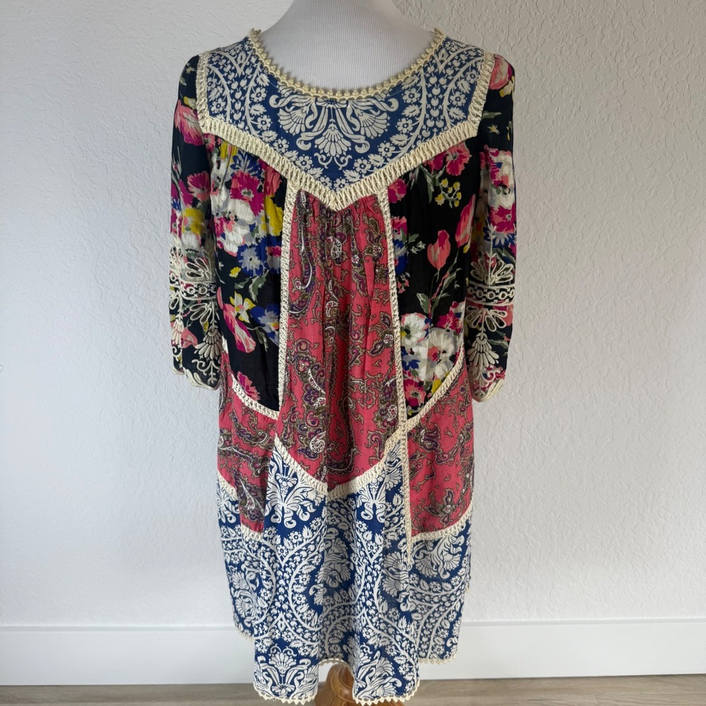 Vanessa Virginia Tunic Dress Women US 0 Multi Color Patchwork Boho Crochet